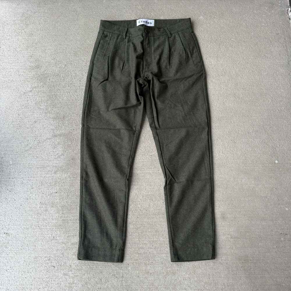 Etudes Mens Chino Pants Dark Green Wool Blend Pleated Lined Slash Pocket Size 48